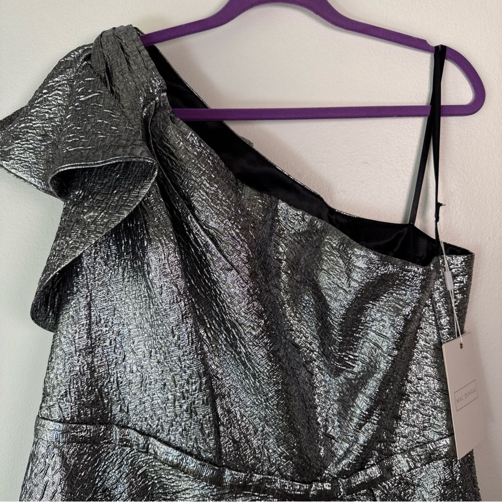 Mac Duggal Dress Silver 1 Shoulder Bow Midi Gown Ruffle Size 16 Party Prom NYE - Picture 4 of 10
